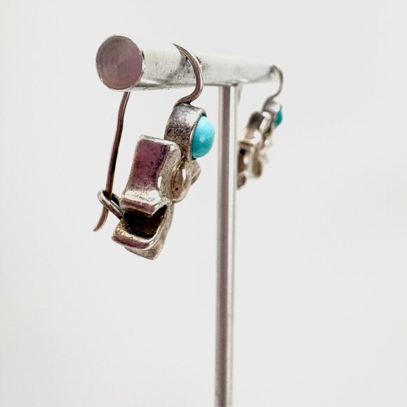 VTG Sterling Silver 925 Turquoise Bow Design Dangle Earrings 1.25" Length - Picture 3 of 9